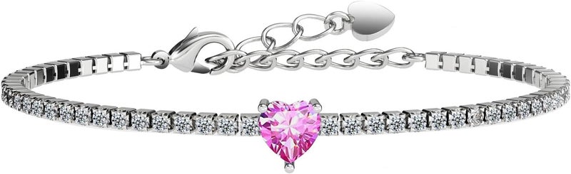 AllenCOCO Sterling Silver Heart Birthstone Bracelet, 14K White Gold Plated, AAAAA+ CZ Cubic Zirconia, Tennis Chain with Heart Charm, Hypoallergenic, Non-Tarnish Jewelry Gift for Women - Image 1
